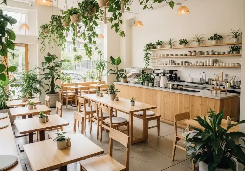 Cafe minimalis bergaya tropis dengan sentuhan alam yang menyegarkan