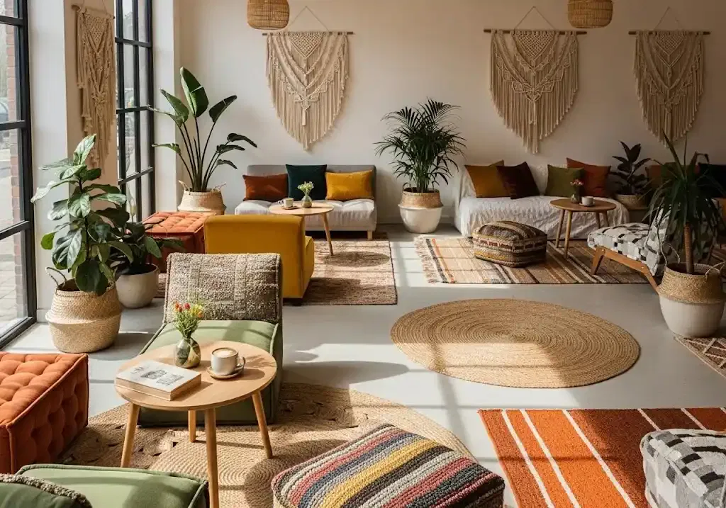 Cafe minimalis bohemian kombinasi warna hangat dan tekstur berani