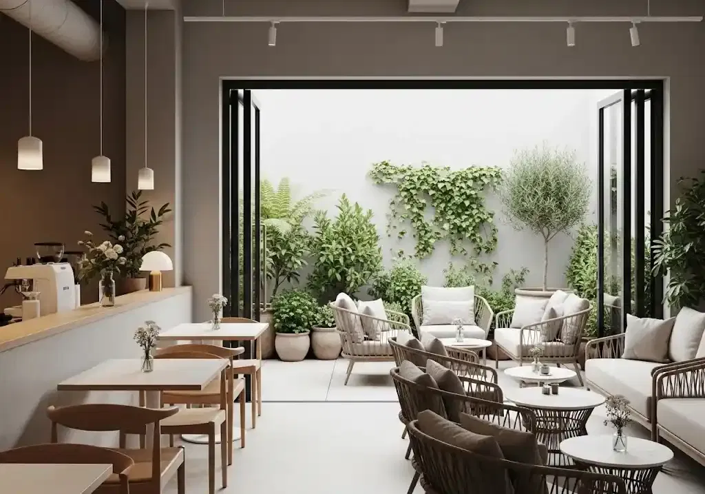 Cafe minimalis dengan area outdoor ruang terbuka yang adem dan instagramable
