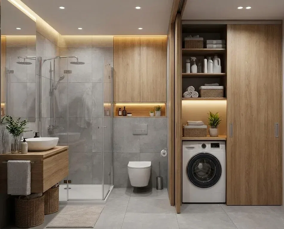Kamar Mandi Kering dengan Lemari Khusus Mesin Cuci