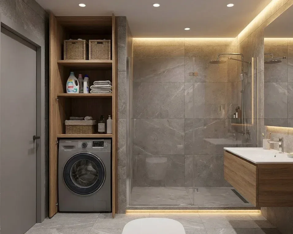Kamar Mandi dan Mesin Cuci dengan Pemanfaatan Sudut Kamar Mandi