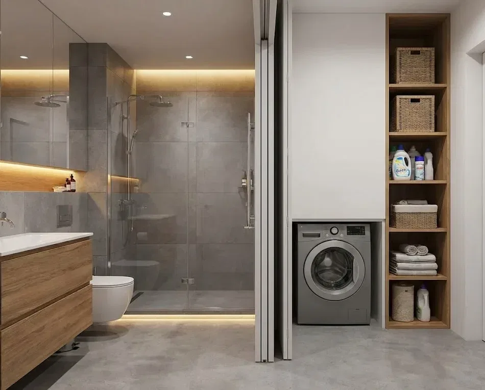 Kamar Mandi dan Mesin Cuci dengan Penggunaan Rak Laundry Vertikal