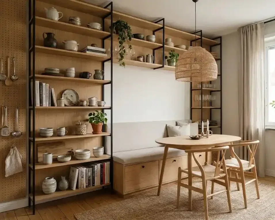 Desain ruang makan kecil dengan penyimpanan Vertikal untuk mengoptimalkan ruang