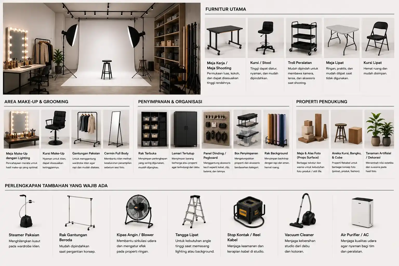Furnitur dan perlengkapan pendukung studio foto